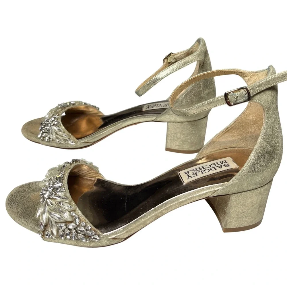Formal Gold Embellished Block Heels‎ Badgley Mischka Ankle Strap 6.5